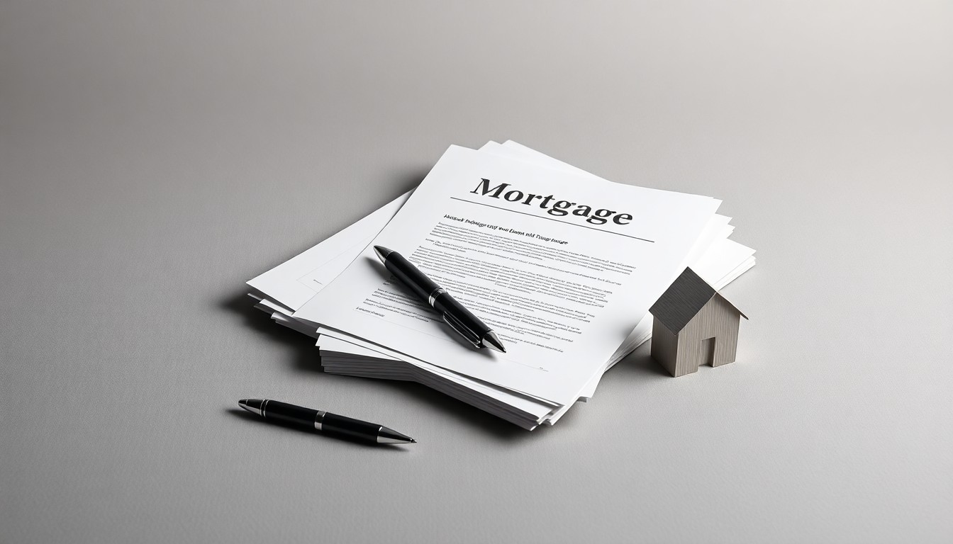 A high-end, photorealistic studio still-life photograph featuring a stack of mortgage documents, a pen, and a house-shaped paperweight on a clean, monochromatic background, conceptually representing the growth and success of the local mortgage lender.