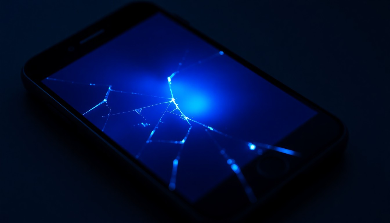 An extreme close-up of a shattered smartphone screen reflecting a faint blue light, conceptually representing the digital exploitation of minors.
