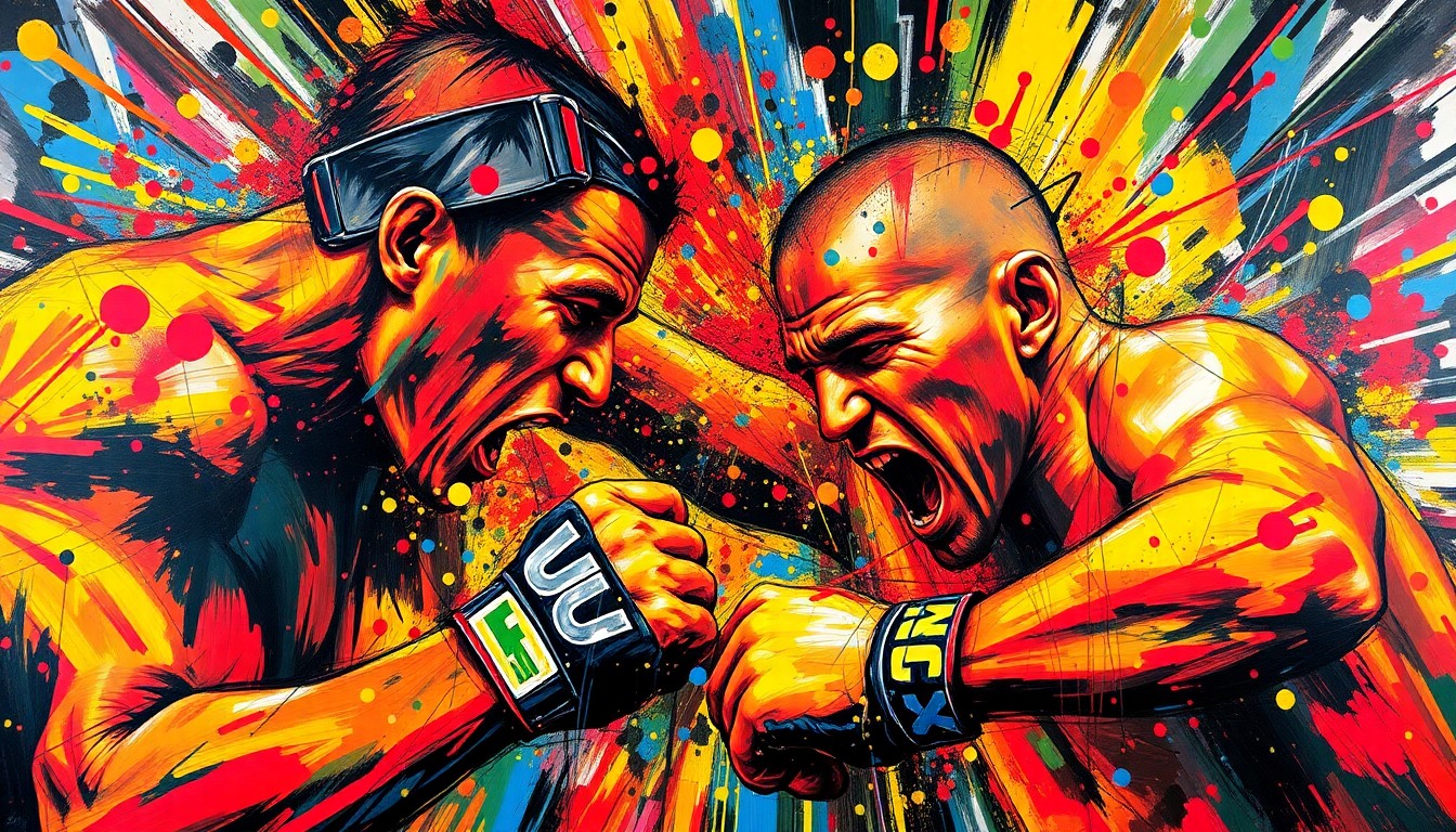 An abstract, expressionist painting in neon colors depicting the chaotic energy and violence of a UFC knockout, with figures and details dissolving into unrecognizable brushstrokes.