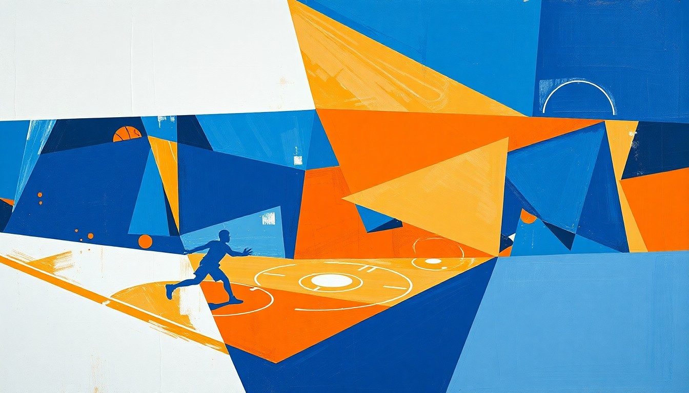 A cubist, geometric painting depicting a fragmented basketball game, with sharp planes of blue, orange, and white overlapping to create a dynamic, abstract scene.