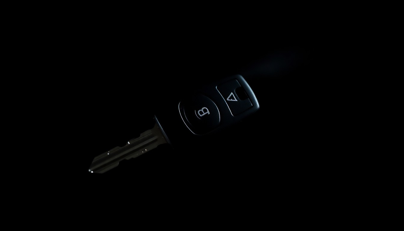 An extreme close-up photograph of a car key against a pitch-black background, lit by a harsh, direct camera flash. The key represents the stolen vehicle at the center of this crime story, conveying a stark, gritty, and investigative aesthetic.