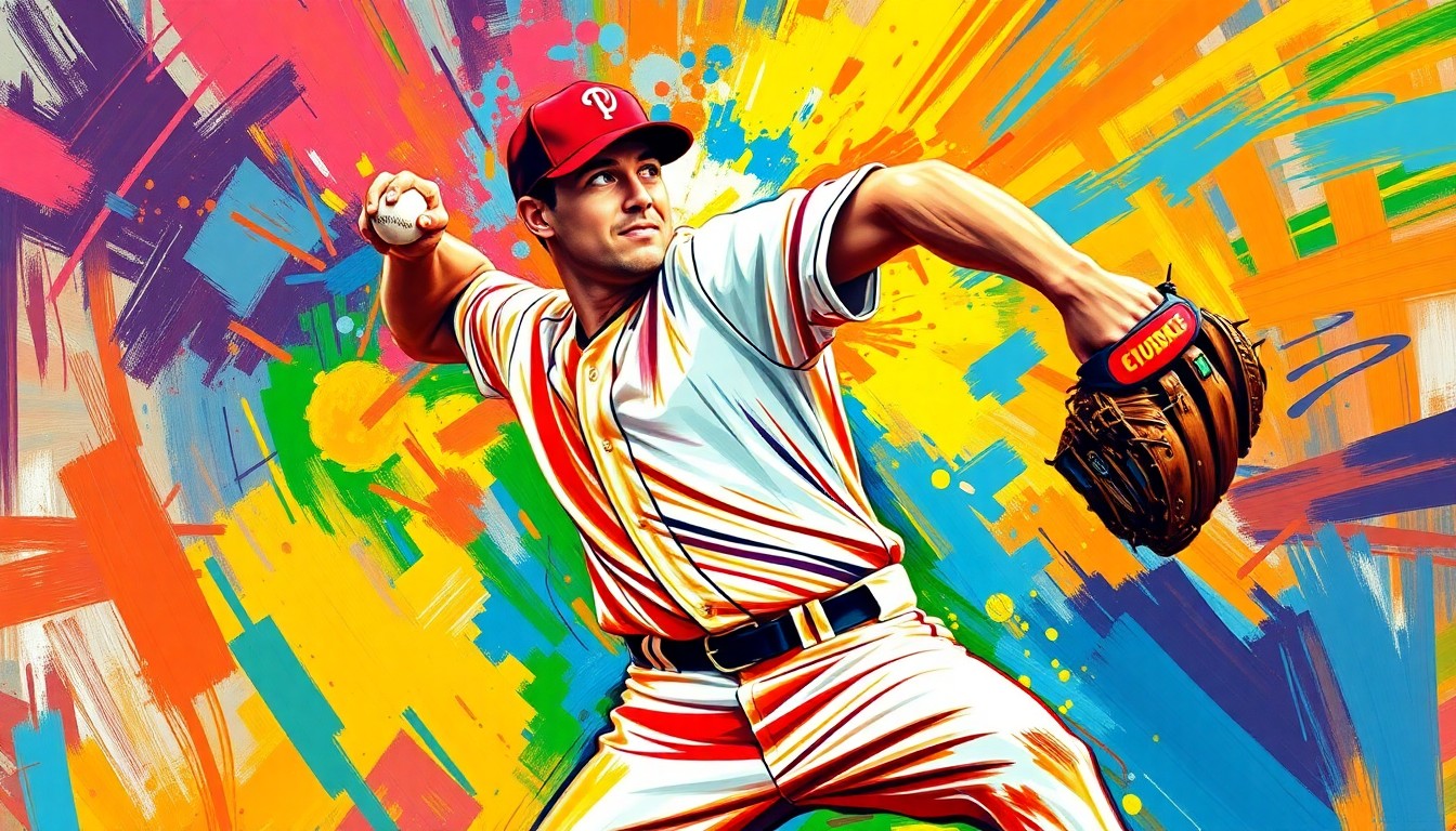An abstract, energetic painting of a baseball pitcher in mid-delivery, with vibrant neon colors and expressive brushstrokes capturing the dynamic motion and power of the moment.