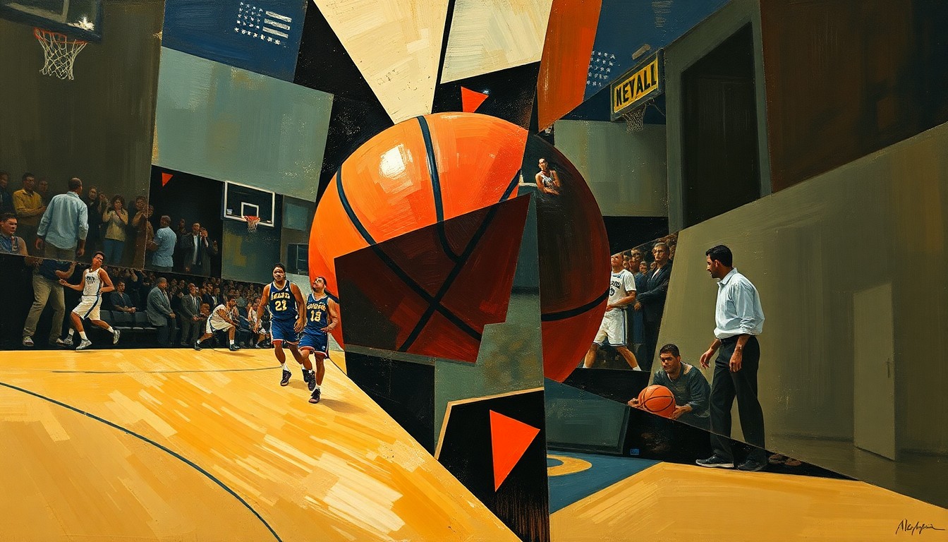 A cubist, geometric painting depicting a basketball game or match, with the players and court broken down into sharp, overlapping planes of color and shape, conveying the chaos and complexity of the situation described in the story.