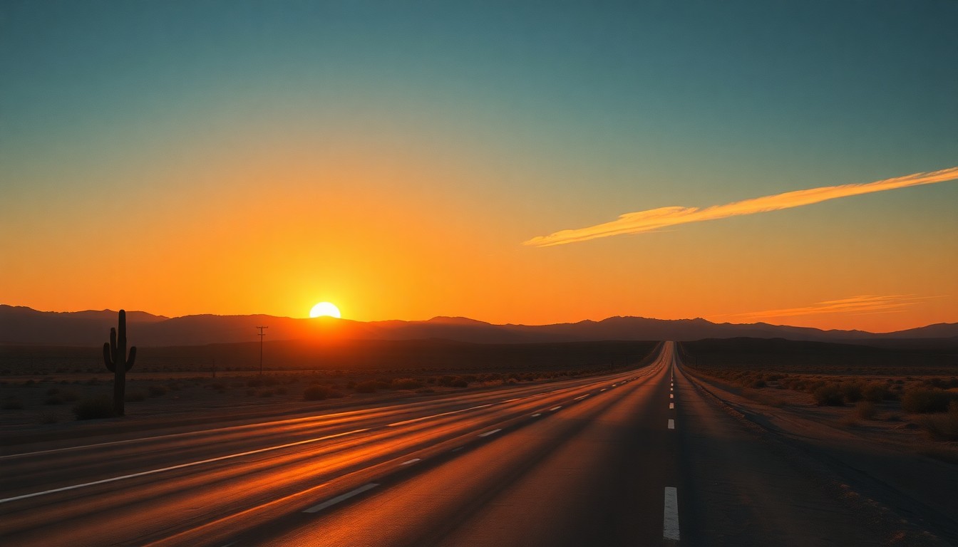 A serene, cinematic painting of a deserted Arizona highway at dusk, with the road winding through a rugged desert landscape under a warm, golden sky.