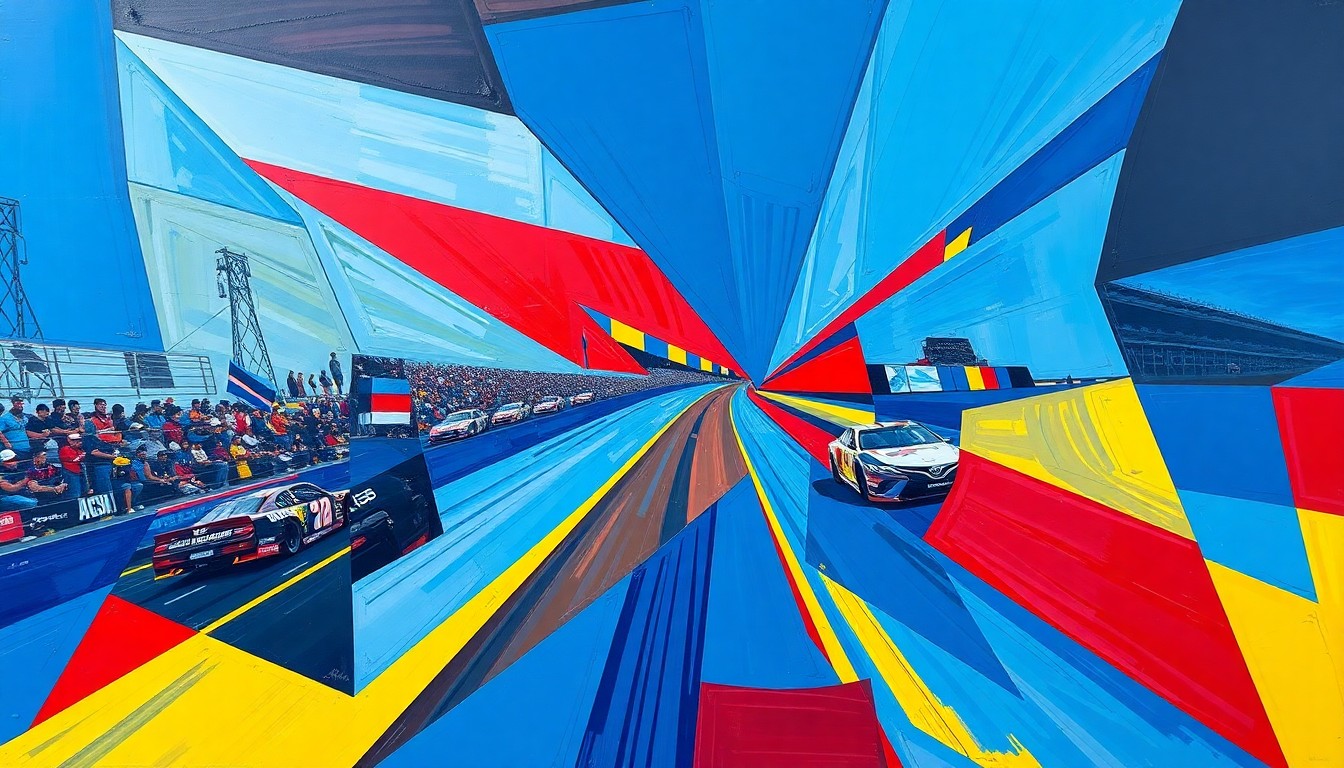 A fractured, multi-angled painting in bold, vibrant colors depicting the dynamic motion and energy of a NASCAR race, with no recognizable figures or text.
