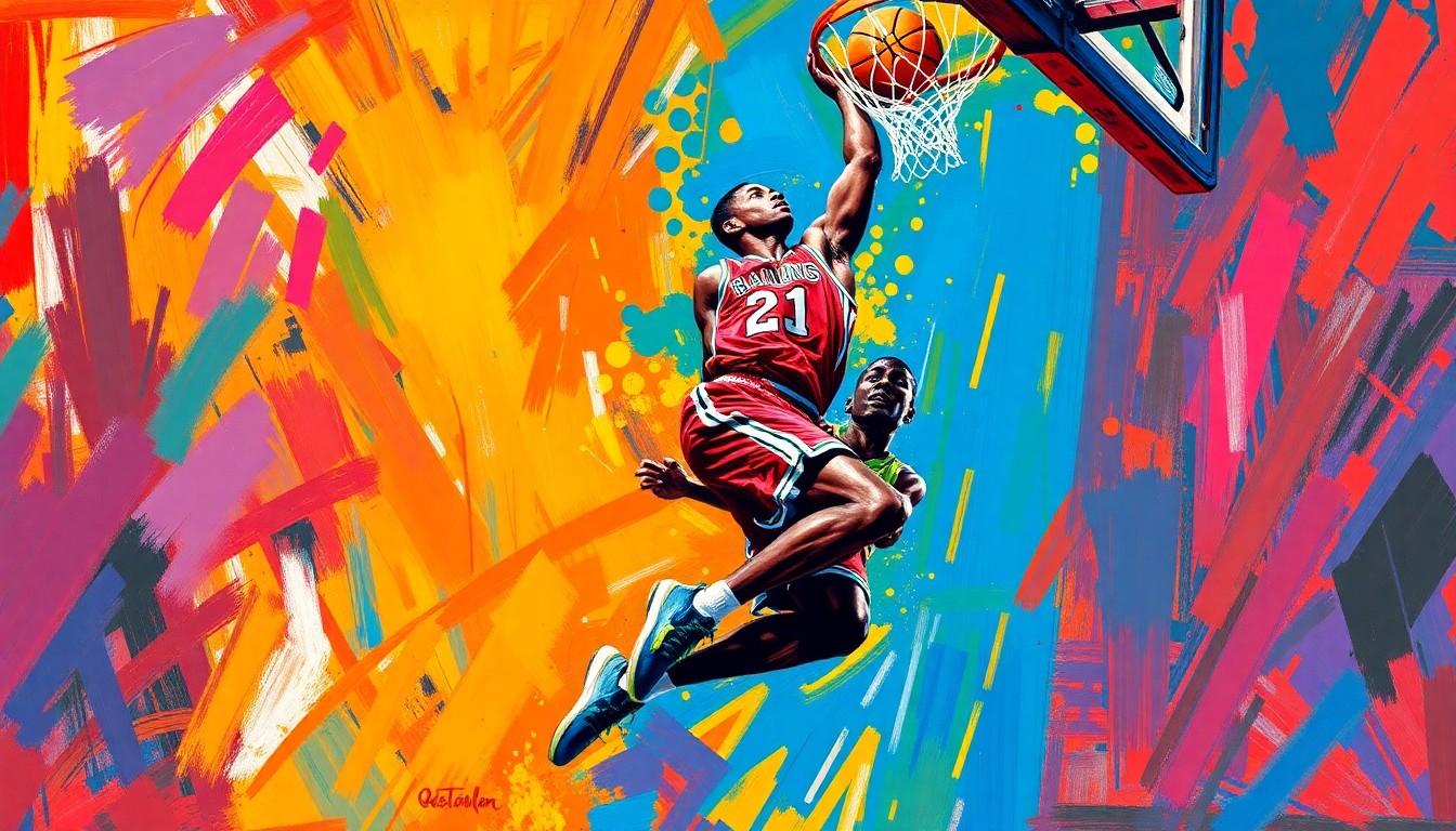 An abstract, energetic painting featuring bold brushstrokes of neon orange, electric blue, and vibrant yellow, capturing the explosive power and grace of a basketball player soaring through the air for a powerful dunk.