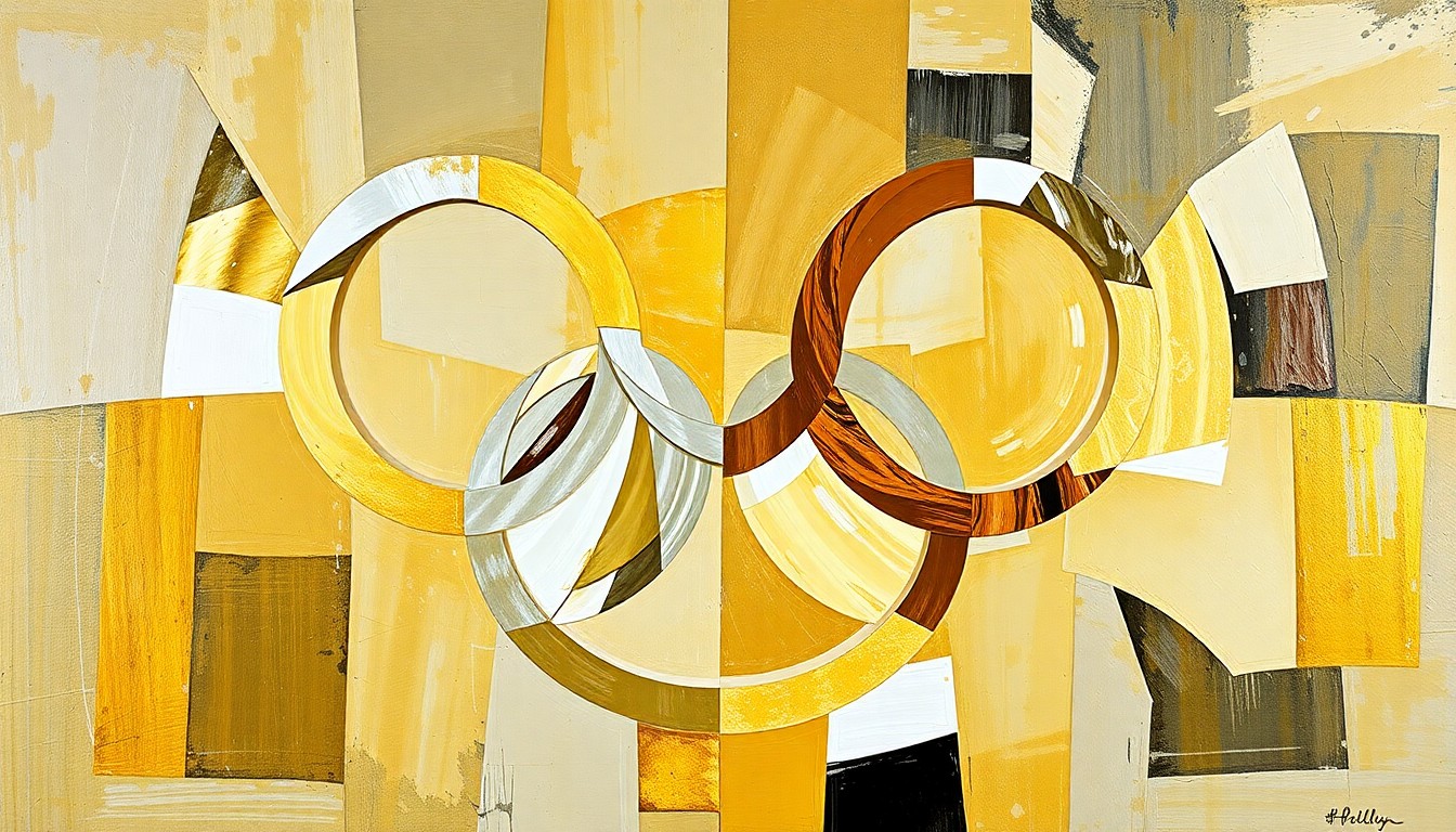 A cubist, geometric painting featuring the iconic Olympic rings symbol broken down into sharp, overlapping planes of gold, silver, and bronze, conveying the energy and anticipation of the upcoming games.