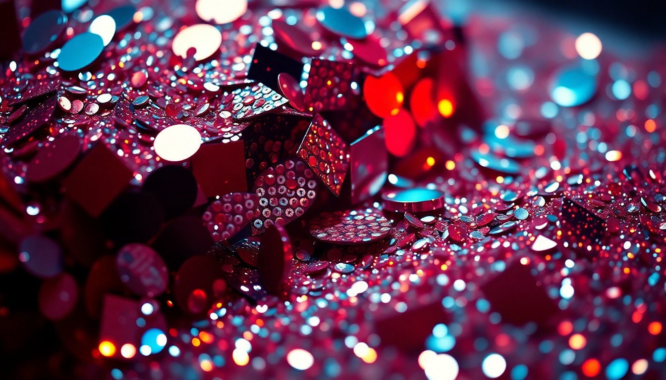 An extreme close-up photograph of shimmering, high-contrast festival textures like glittering sequins and neon lighting, conceptually representing the glamour and opulence of the Hotel EDC experience.