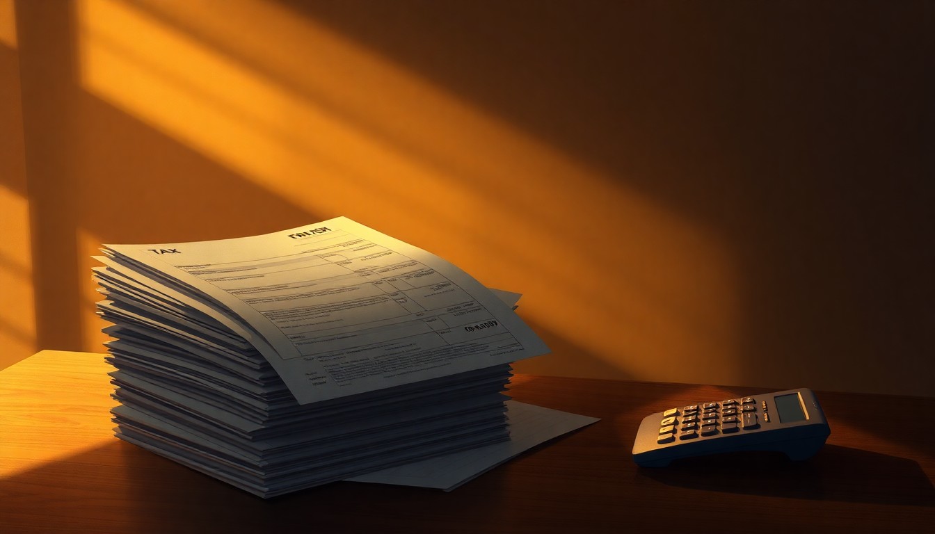 A detailed oil painting of a stack of tax forms and a calculator on a desk, with warm lighting and deep shadows creating a contemplative, cinematic mood that evokes the impact of new tax policies on high-income individuals.