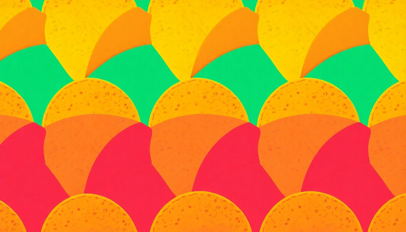 A highly stylized, vibrant silkscreen print featuring a single corn tortilla repeated in a grid pattern, rendered in bold neon colors and heavy black outlines to create a modern pop art aesthetic.