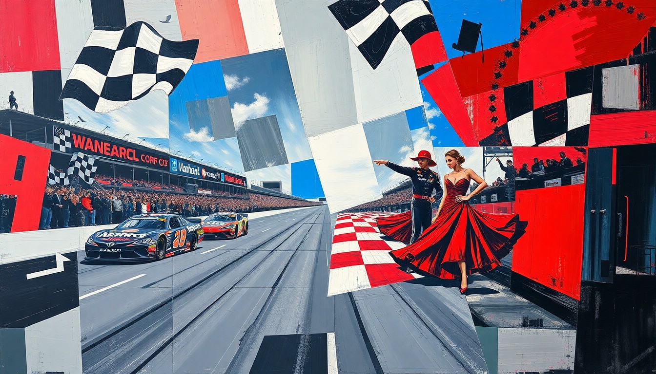 A fractured, multi-perspective painting breaking down a NASCAR race and dance performance into sharp, overlapping geometric planes in red, blue, and grey tones.