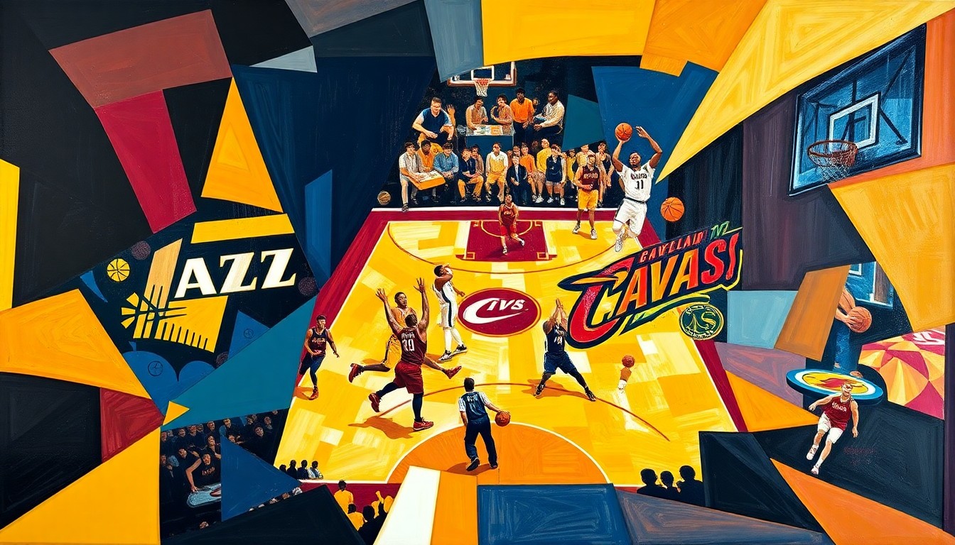 A fragmented, geometric painting depicting the dynamic action and movement of a basketball game between the Utah Jazz and Cleveland Cavaliers, with the players and court rendered in the distinct cubist style of Pablo Picasso.