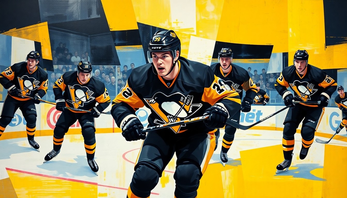 A cubist, geometric painting depicting a hockey player in motion, with sharp, overlapping planes of color representing the dynamic energy of the sport.