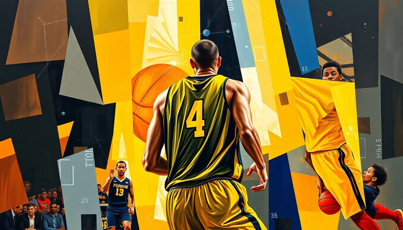 An abstract, cubist-style painting depicting the chaotic energy of a college basketball game, with fragmented geometric shapes in Purdue's colors representing the player's movements and the intensity of the competition.