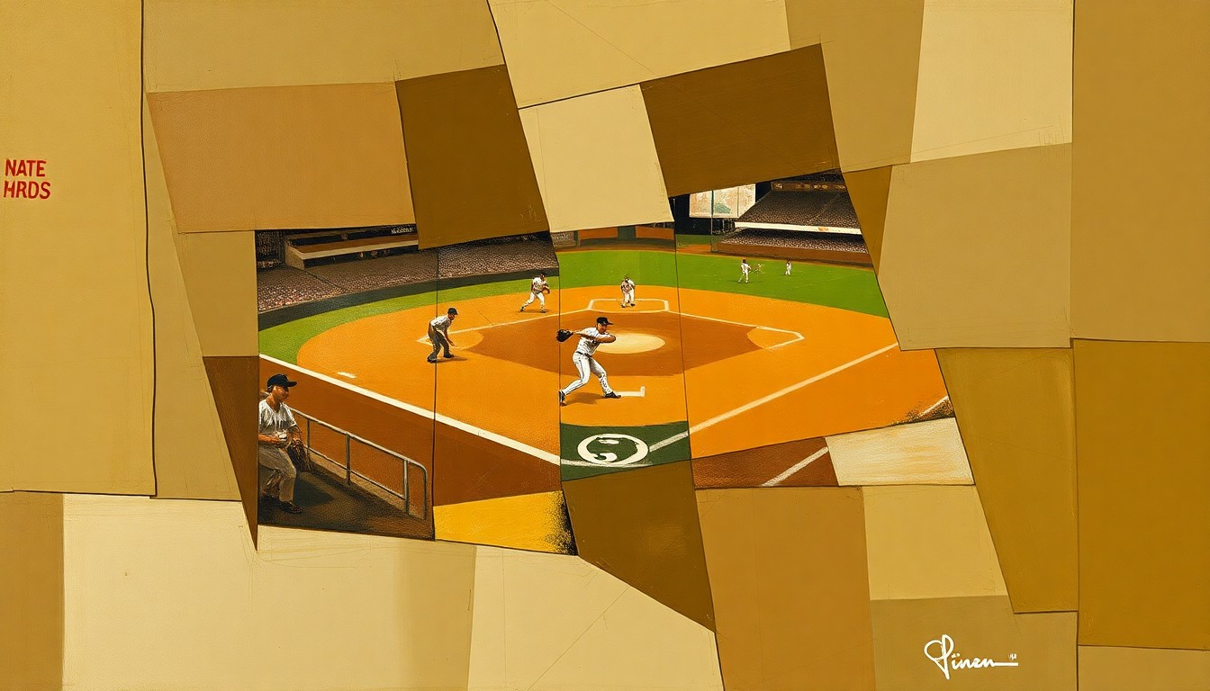 A cubist, geometric painting depicting a fractured, multi-angled view of a baseball pitcher in the midst of their delivery, the player's form broken down into sharp, overlapping planes of muted earth tones.