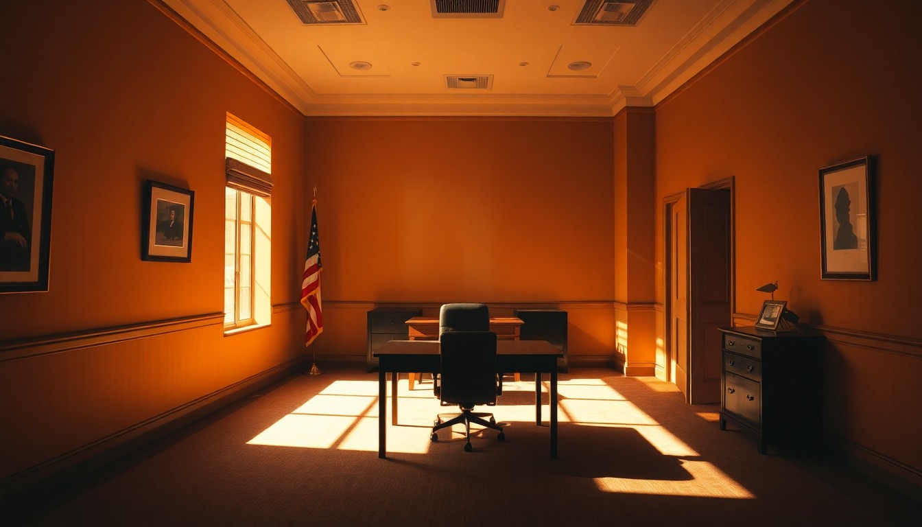 A dimly lit, cinematic painting of an empty political office space, with warm sunlight streaming through the windows and deep shadows cast across the room, conveying a sense of solemnity and the gravity of political power.