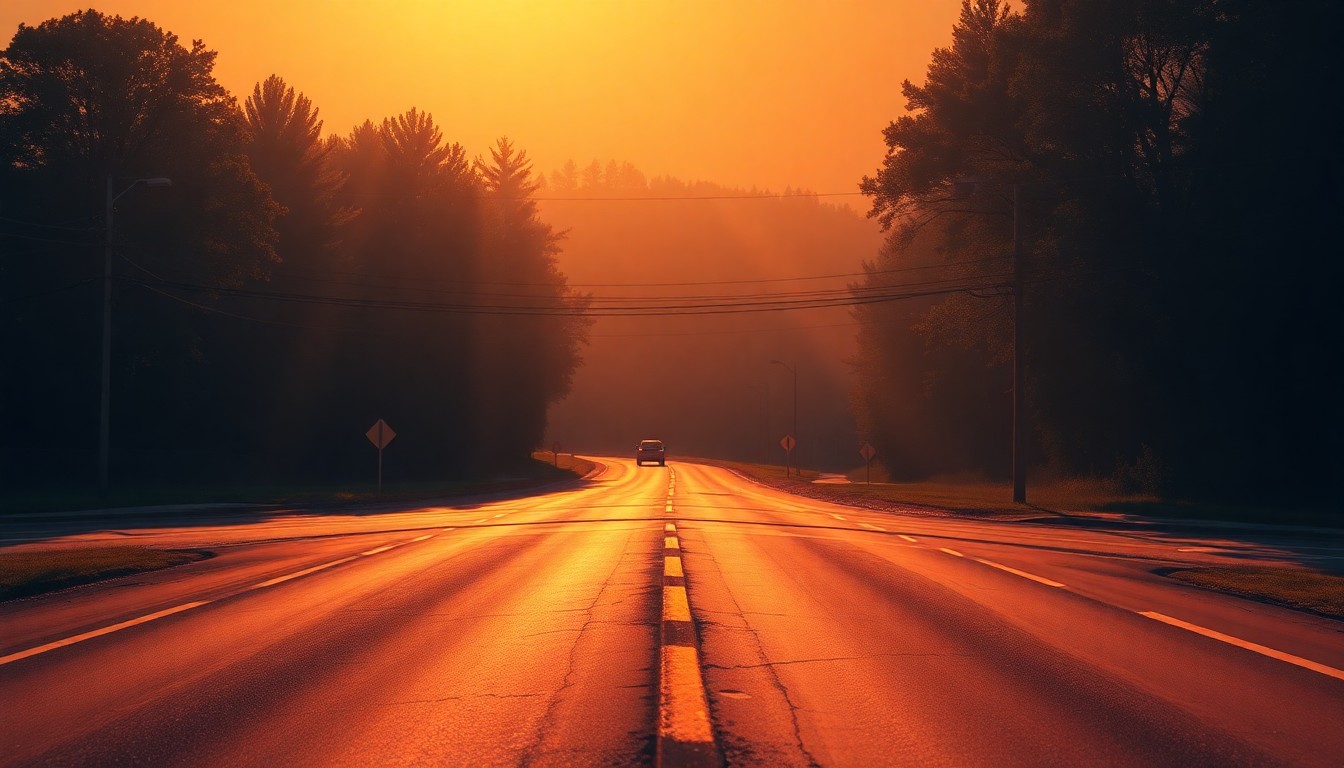 A serene, photorealistic painting of an empty rural road intersection at golden hour, with warm sunlight casting long shadows across the pavement and surrounding fields, conveying a sense of contemplation and civic responsibility.