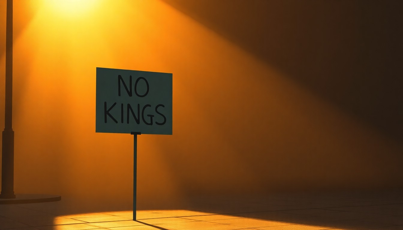 A serene, painterly scene of a lone protester holding a 'No Kings' sign, their face obscured by shadow, conveying the solitary yet determined spirit of the demonstrations against the Trump administration.