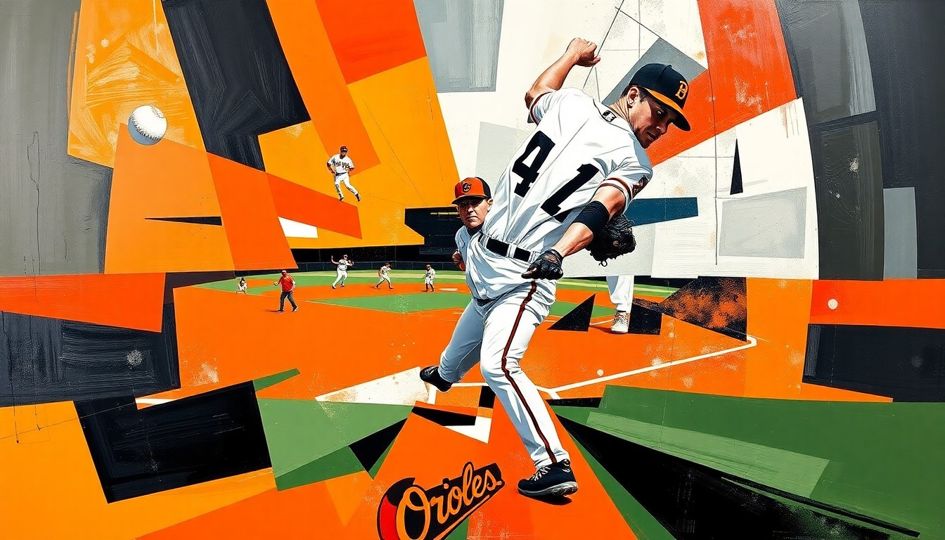A fractured, cubist-style painting depicting the motion of a baseball pitcher, with sharp geometric planes in the Orioles' colors of orange, black, and white, conveying the team's focus on building a championship-caliber roster.