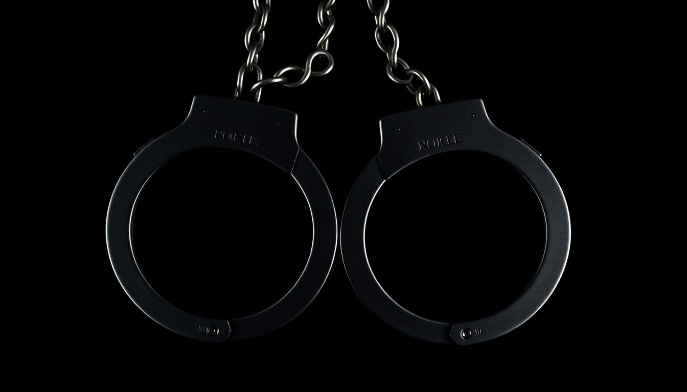 An extreme close-up of a pair of metal handcuffs against a stark black background, conceptually illustrating the gritty, investigative nature of the criminal justice system.