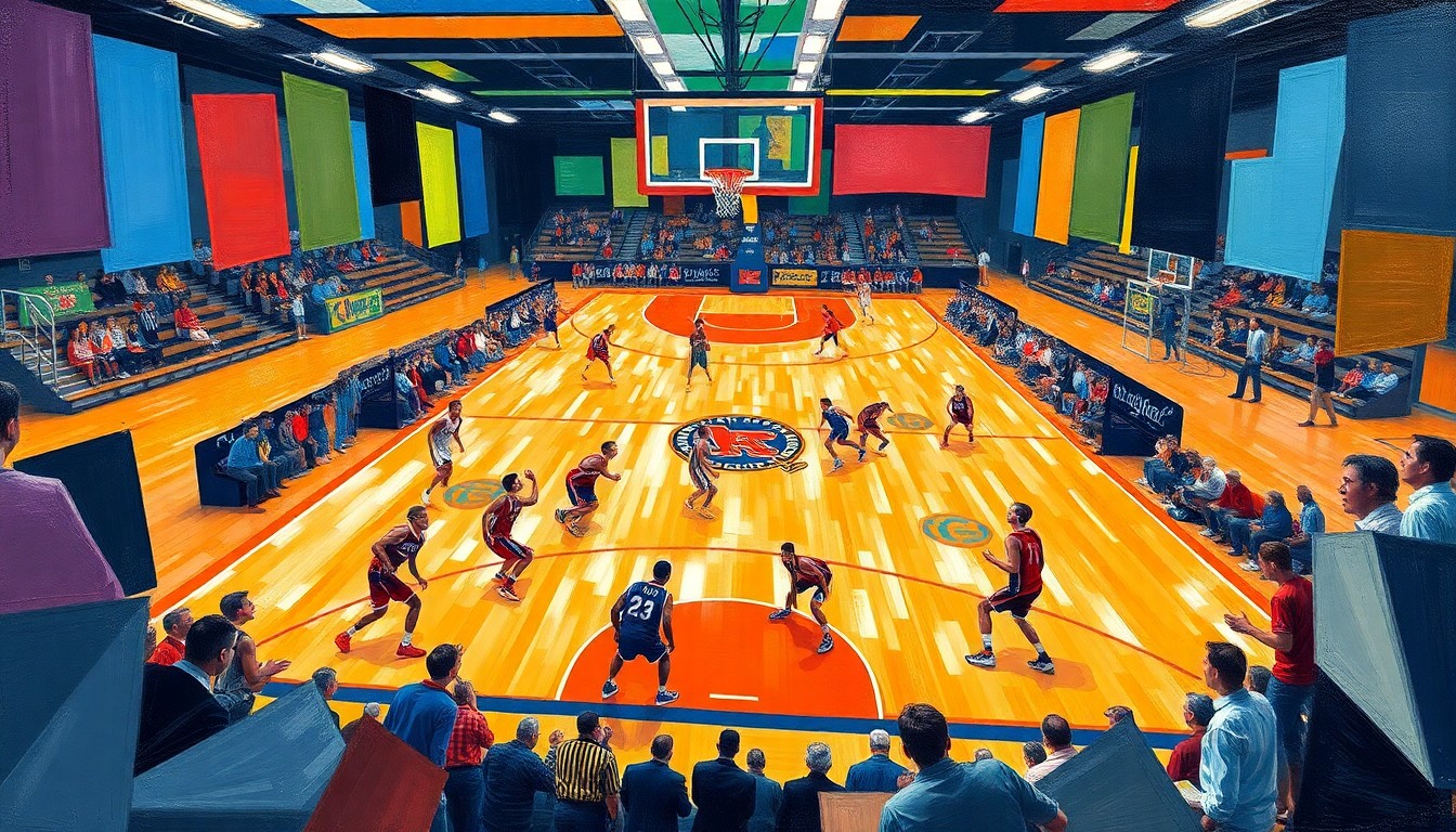 A cubist-style painting featuring fragmented, geometric shapes in bright colors representing the dynamic movements and energy of a high school basketball game.