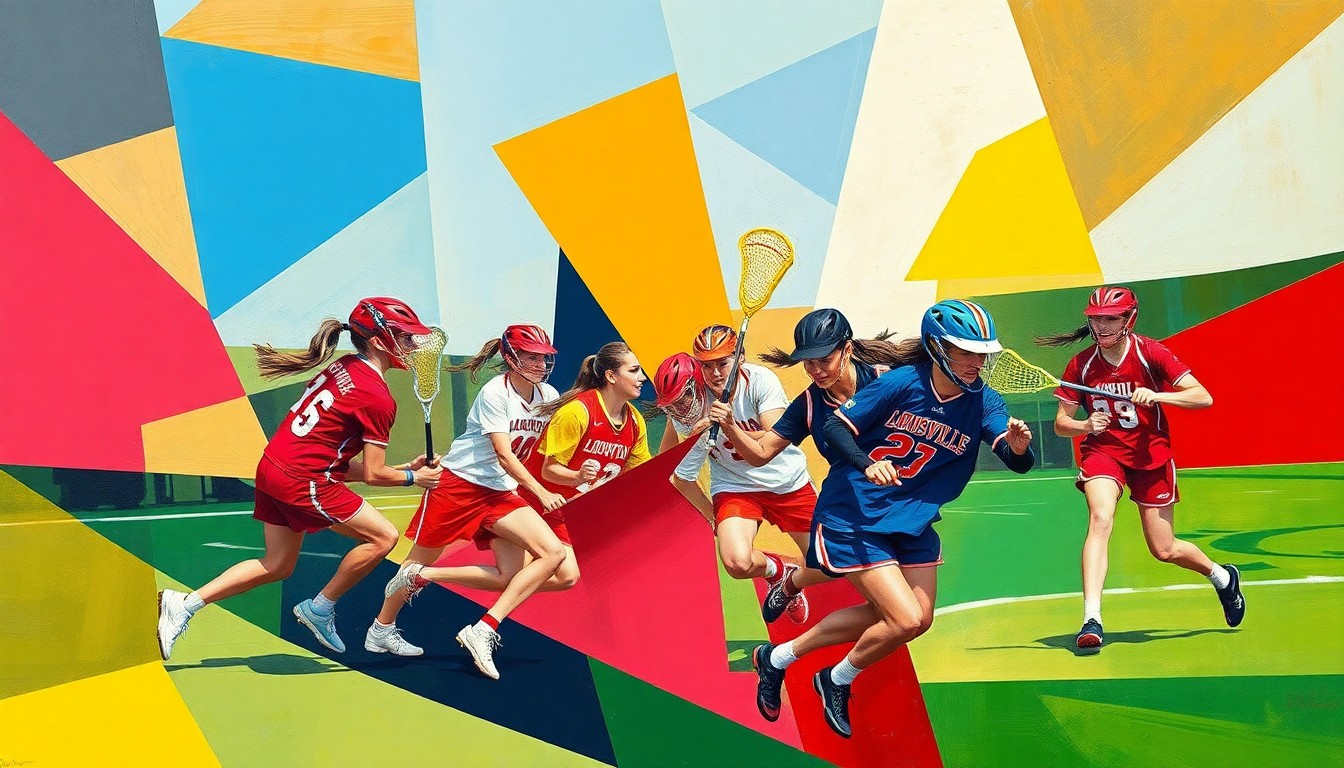 A fragmented, geometric painting depicting the dynamic movement and energy of a girls lacrosse game, with overlapping planes of bright team colors representing the Louisville Leopards and Mentor Cardinals.