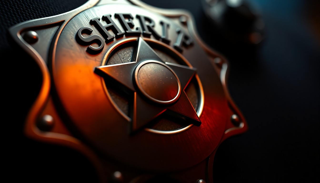An extreme close-up photograph of a shiny metal sheriff's badge, the details and textures of the badge filling the frame with a soft, blurred background, conveying a sense of honor and recognition for the department's service.