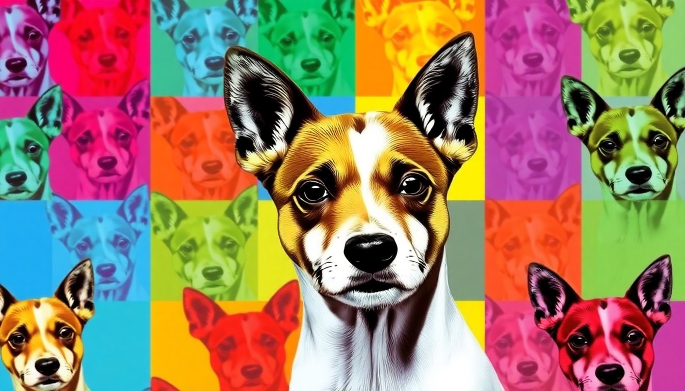 A repeating grid of stylized, brightly colored silkscreen images of a Jack Russell terrier dog, rendered in a bold, high-contrast pop art style that captures the essence of a beloved household pet threatened by wild predators.