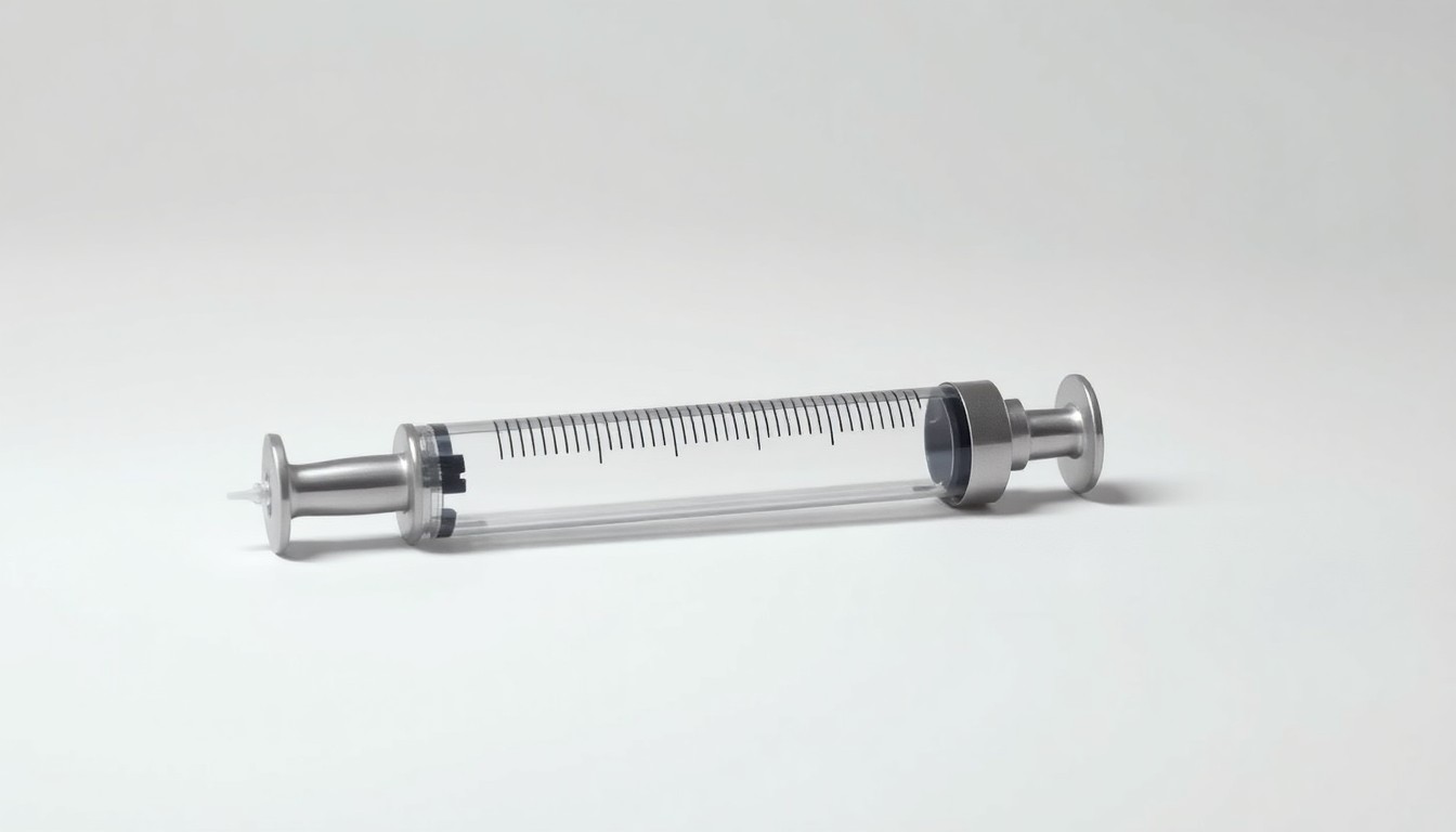 A close-up photograph of a single, polished metal syringe resting on a clean, monochromatic background, representing the failed medical technology at the heart of the Theranos scandal.