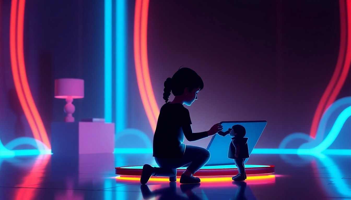 A highly detailed, 3D rendered illustration featuring glowing neon-colored silhouettes of a parent and child interacting with a large, futuristic tablet device, conceptually representing the intersection of family life and emerging technology.