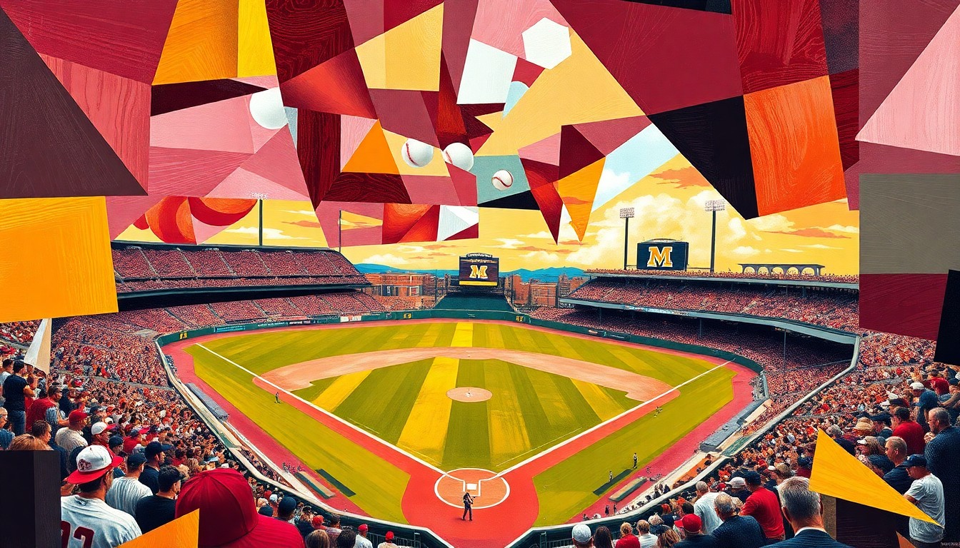 A cubist, geometric painting depicting a baseball game, with sharp, overlapping planes of maroon, gold, and other vibrant colors representing the dynamic action on the field.
