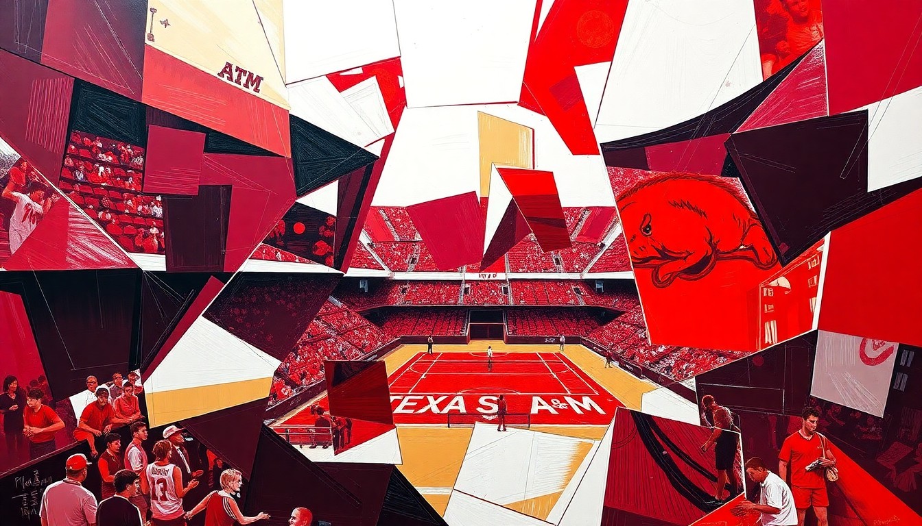 A cubist, geometric painting depicting a college tennis match, with sharp, overlapping planes of maroon, white, red, and white representing the competing teams in dynamic motion.