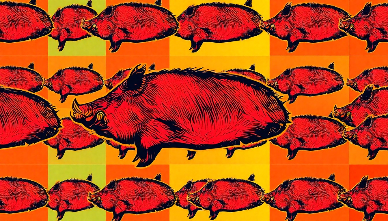 A highly stylized, boldly colored silkscreen print featuring a repeated image of a whole smoked wild boar shoulder, conceptually representing the unique and flavorful meat that will be served at a local outdoor festival.