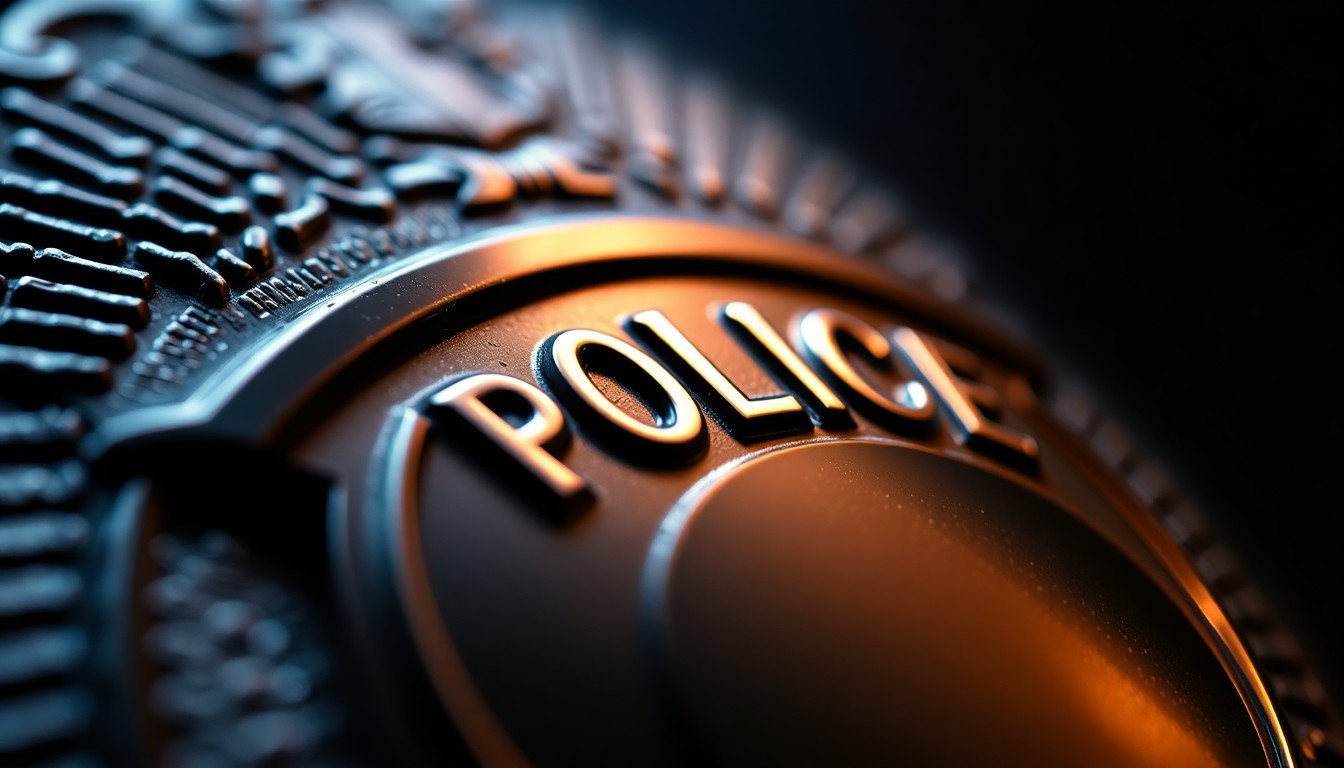 An extreme close-up photograph of a police badge, with a shallow depth of field and dramatic lighting, capturing the intricate details and textures of the metal and enamel, conceptually representing the recognition of the Sweet Springs Police Department's efforts to improve public safety.