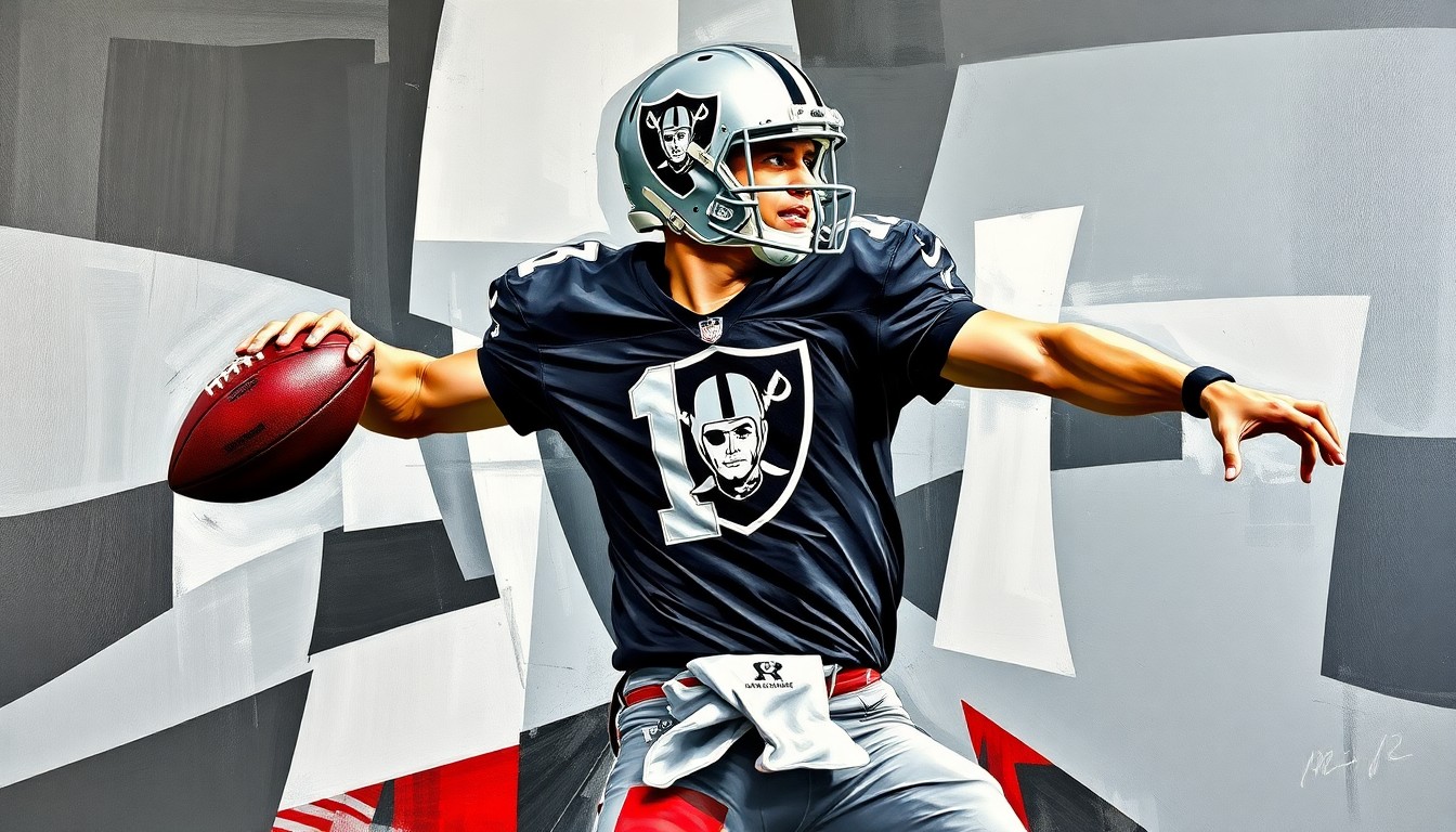 A fragmented, geometric painting depicting a football quarterback's throwing motion, with sharp planes of silver, black, and red representing the strategic preparation for the NFL draft.