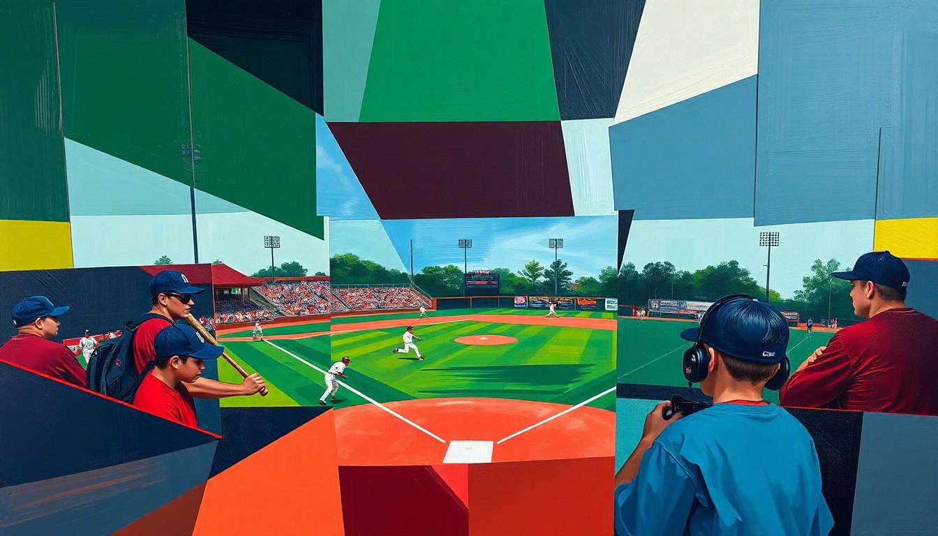 A dynamic, geometric painting featuring overlapping planes of navy, green, and red, conceptually representing the action and energy of a high school baseball game.