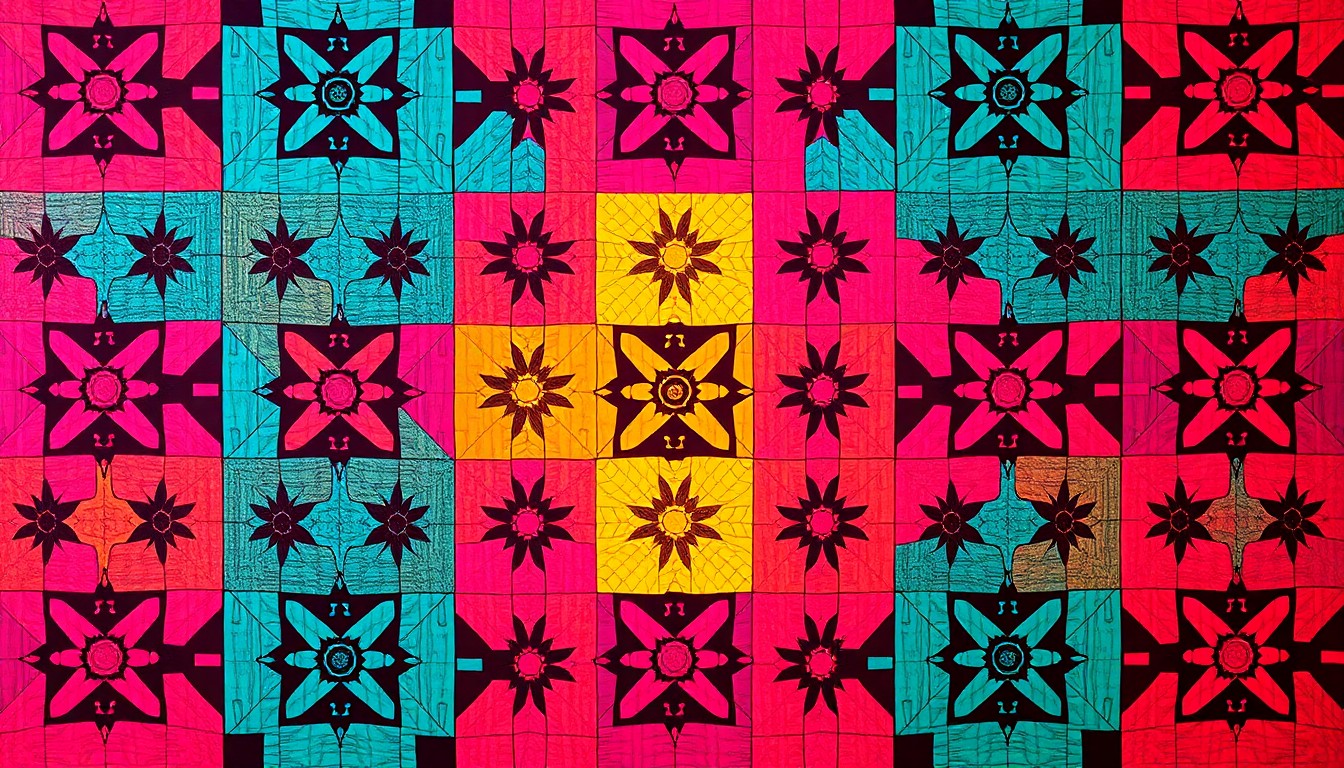 A vibrant, high-contrast silkscreen print featuring a repeating grid of a single, iconic quilt pattern rendered in a pop art style using bright, unnatural colors and heavy black outlines, conceptually representing the fusion of quilting and gardening traditions.