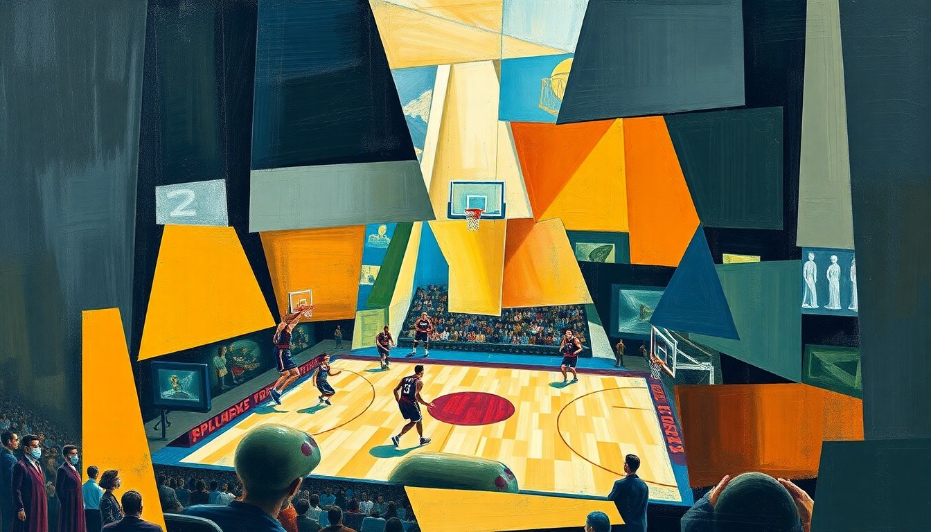 A cubist, geometric painting depicting fragmented basketball players and court elements, conveying the dynamic energy and multi-faceted contributions of UConn's veteran stars in their tournament run.