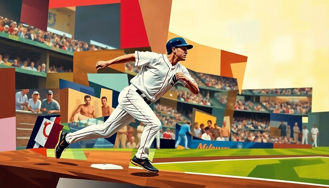 A fragmented, geometric painting depicting a baseball player running the bases, with sharp, overlapping shapes and planes representing the motion and dynamism of the sport.