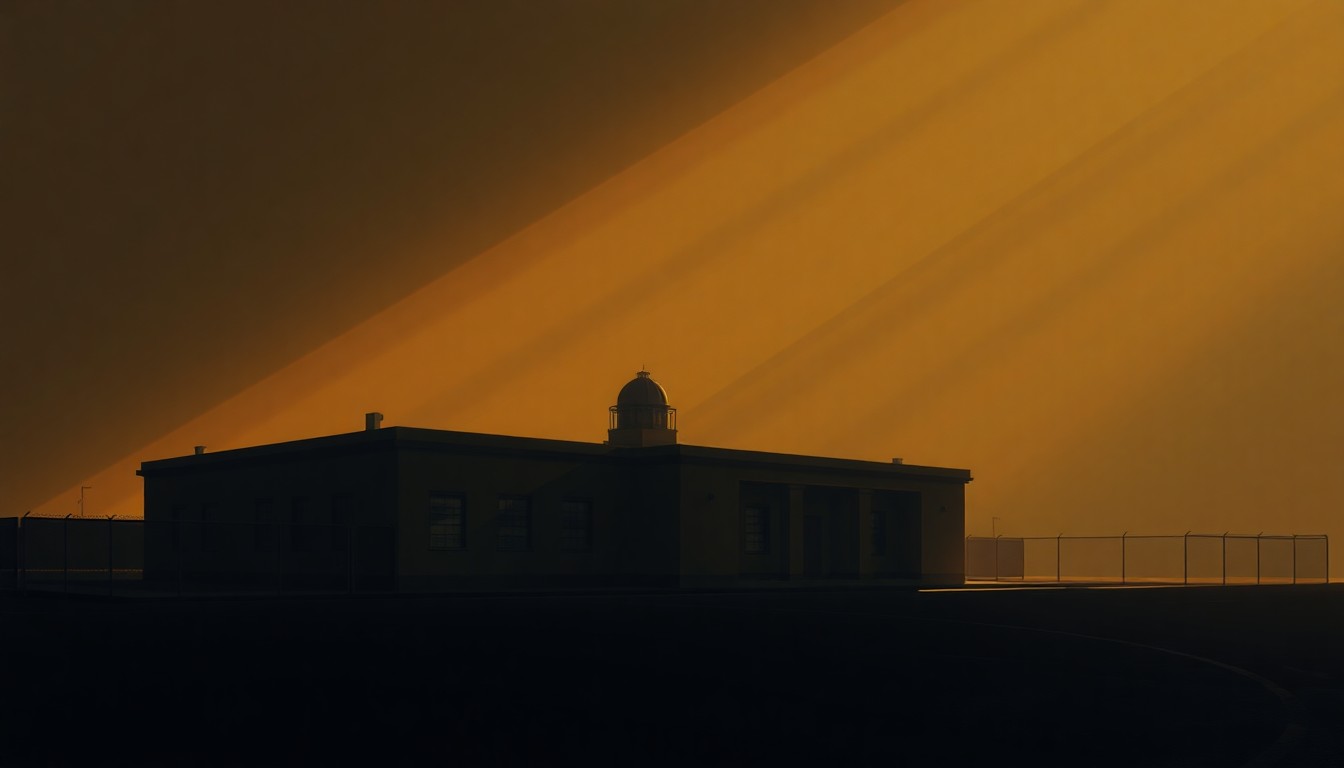 A serene, photorealistic painting of a large, nondescript government building or detention facility, with warm sunlight casting long shadows across the facade and surrounding landscape, conveying a sense of quiet unease about the facility's impact on the local community.