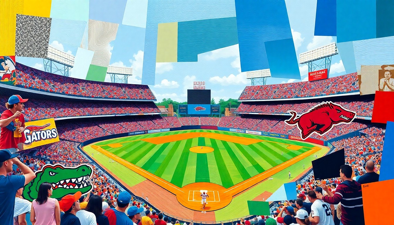 A fragmented, geometric painting depicting the dynamic movements and energy of a college baseball game, with the bright colors of the Florida and Arkansas uniforms creating a vibrant, abstract composition.