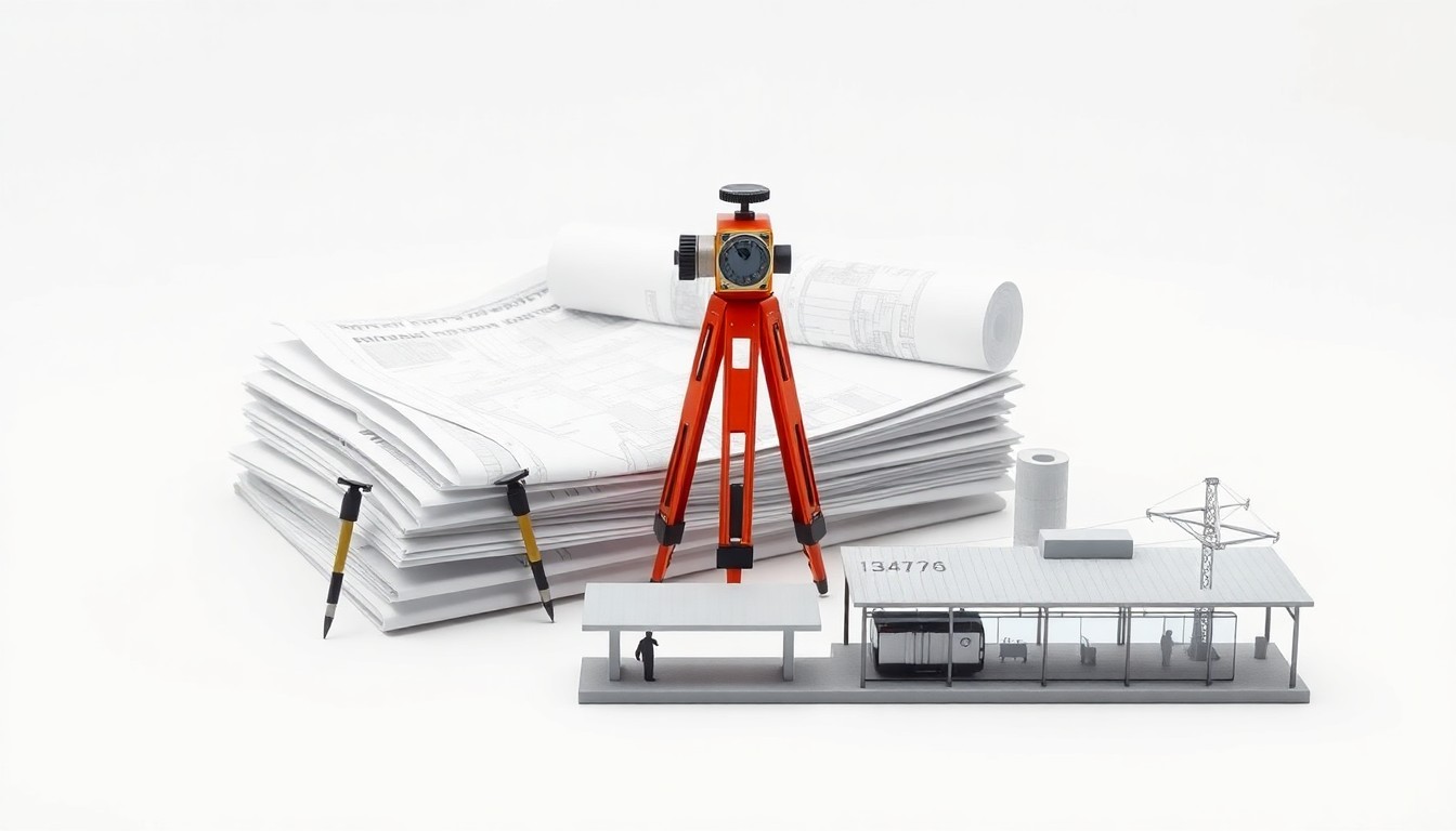 A photorealistic studio still life featuring a stack of architectural plans, a surveyor's transit, and a model of a modern train station, all arranged elegantly on a clean white background to symbolize the preparatory work required for transit-oriented development.