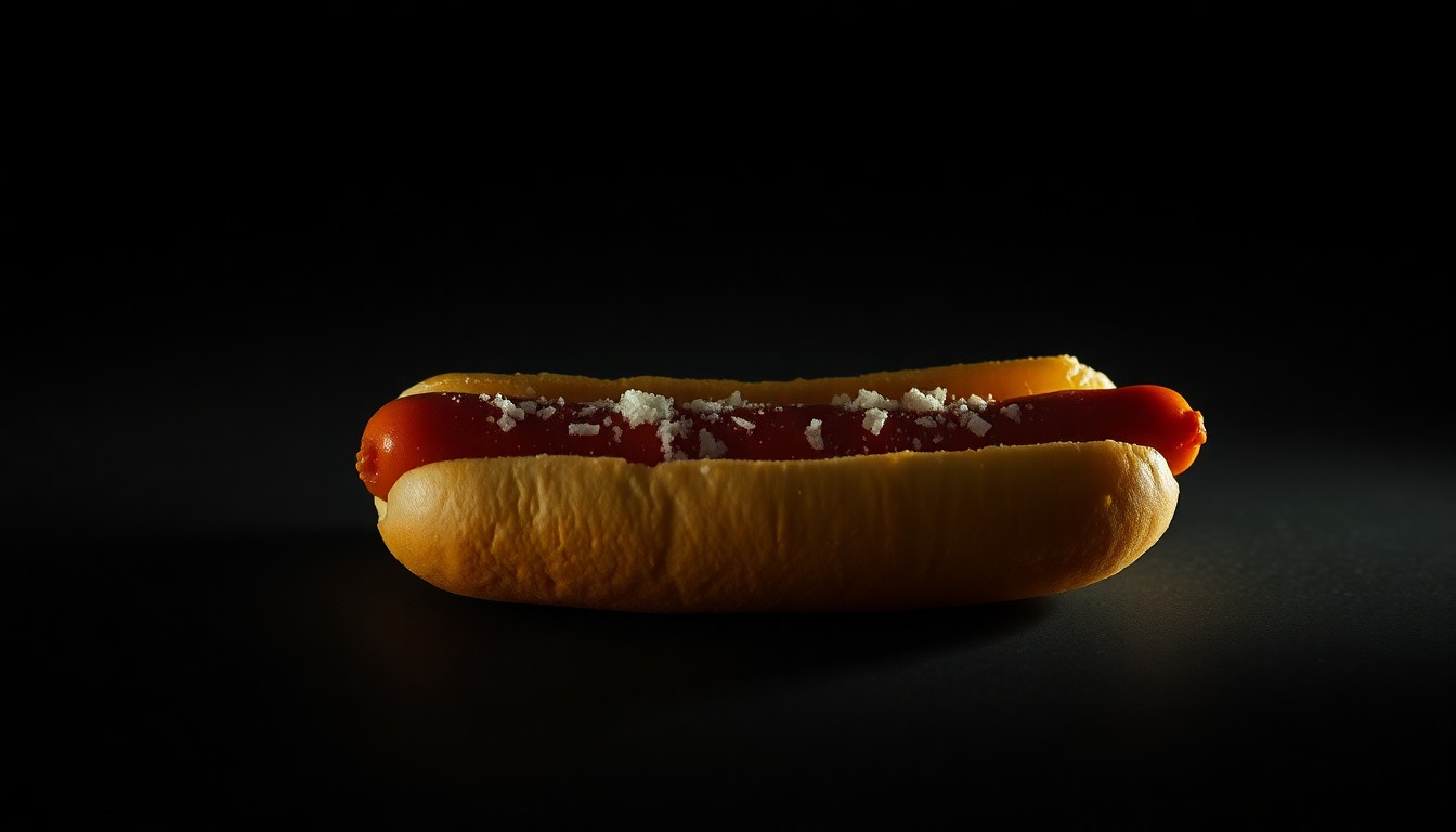 An extreme close-up photograph of a single meth-laced hot dog on a dark background, lit by a harsh, direct camera flash, conveying a stark, gritty, and investigative aesthetic without depicting any violence, blood, or victims.