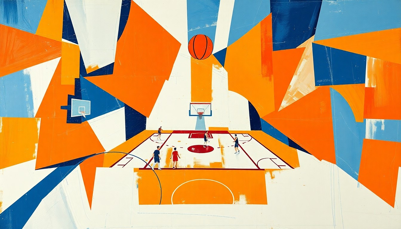 A cubist-style painting featuring overlapping geometric shapes and planes in the colors of the Syracuse Orange, conceptually representing the fractured and multi-faceted nature of a basketball game as the university welcomes back a beloved former player to lead the team.