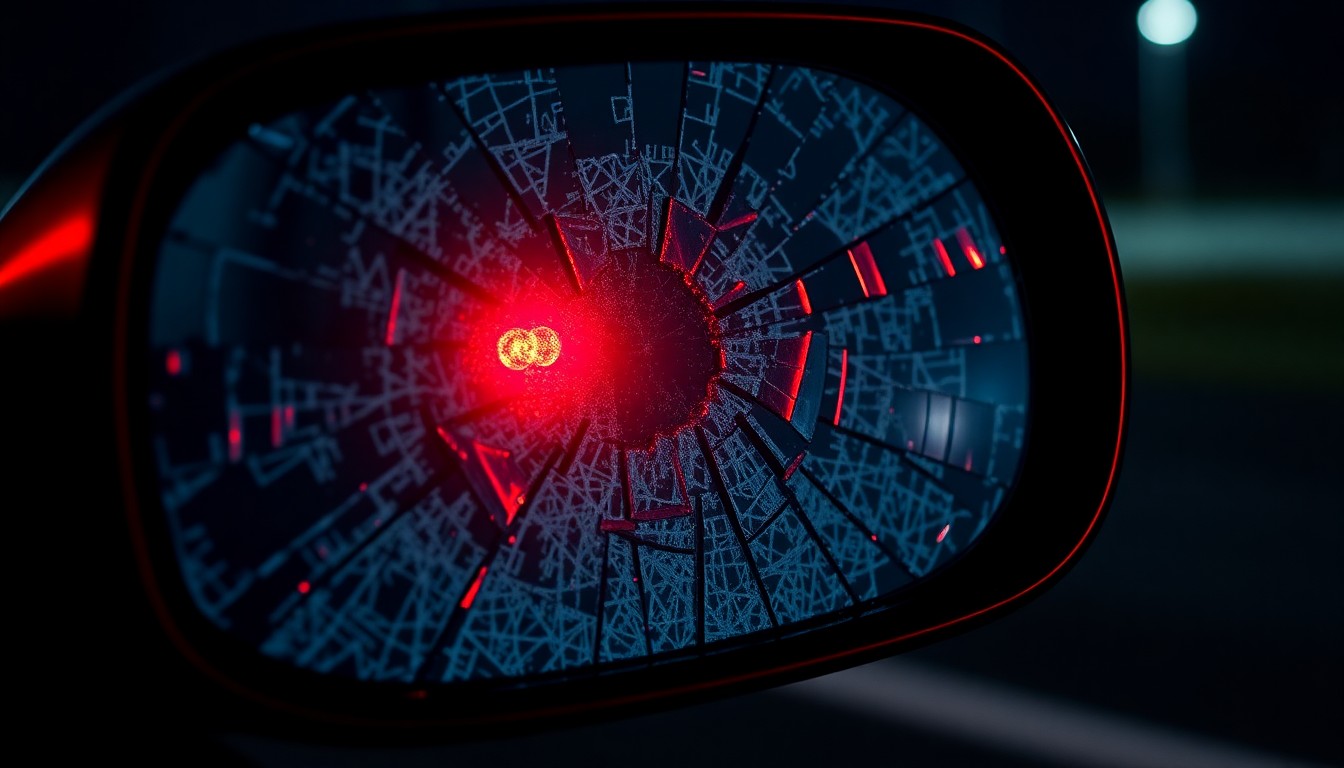 An extreme close-up photograph of a shattered car side mirror reflecting a faint red light, conceptually representing the aftermath of a drunk driving incident.