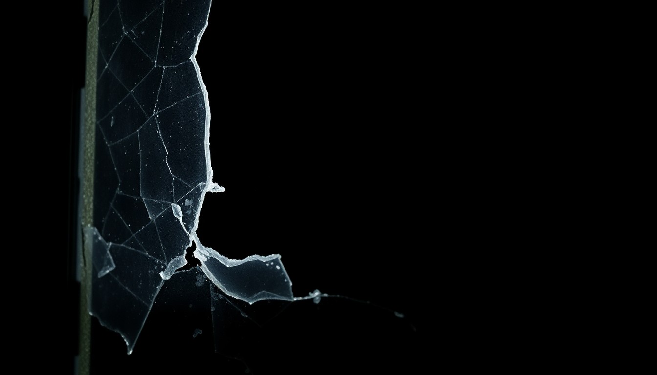 An extreme close-up of a broken household object, such as a lamp or picture frame, reflecting the harsh lighting and gritty aesthetic of Weegee's crime scene photography, conceptually representing the aftermath of a domestic violence incident.