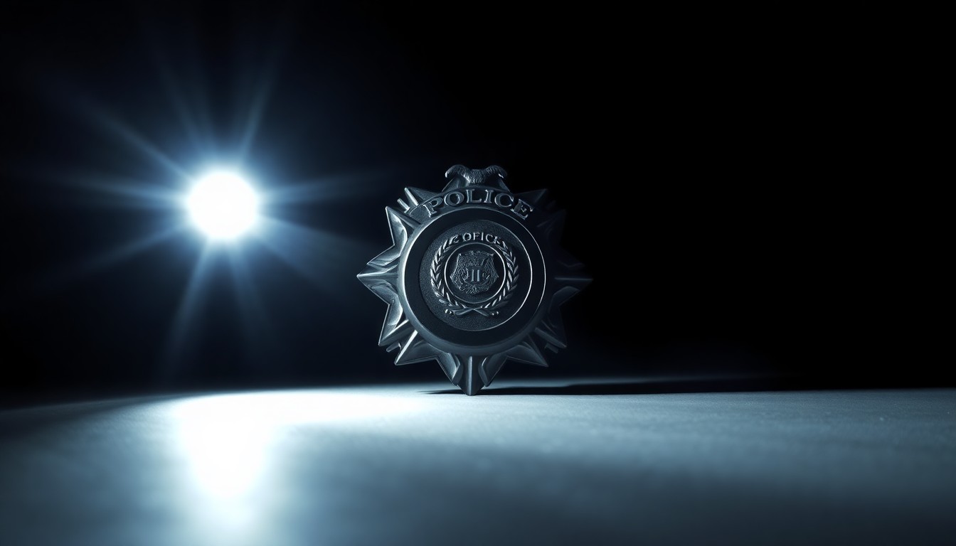 An extreme close-up photograph of a shiny metal police badge or law enforcement insignia, dramatically lit by a harsh, direct camera flash against a pitch-black background, creating a stark, gritty, and investigative aesthetic.