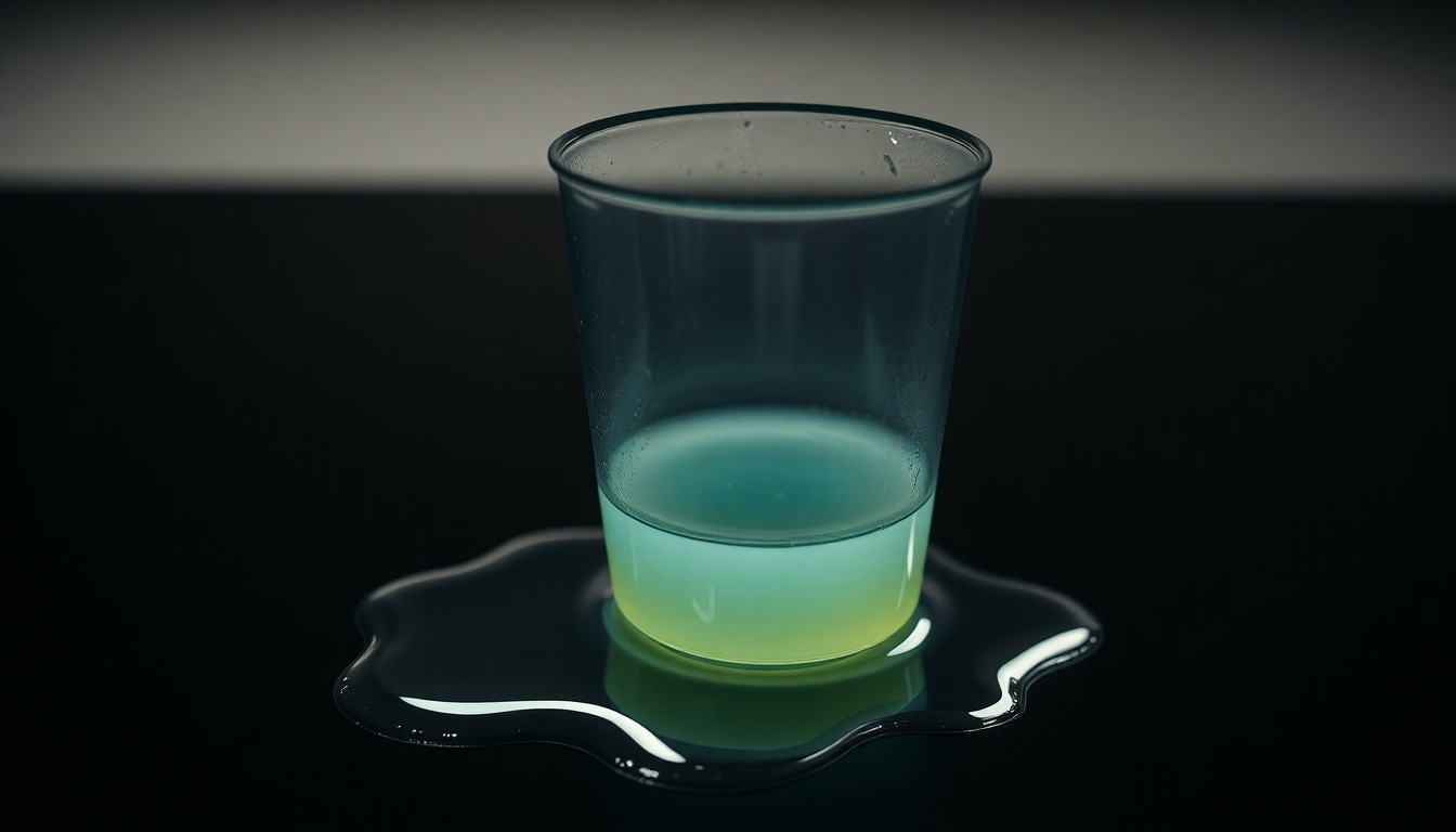 An extreme close-up photograph of a plastic cup with a bleach-like liquid spilled on a dark surface, creating a stark, gritty, investigative aesthetic without any text or identifiable elements.