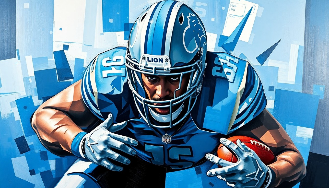 A cubist, geometric painting depicting an offensive lineman in pass protection, with sharp, overlapping planes in shades of blue, silver, and black, conveying the technical complexity and athleticism of the position.
