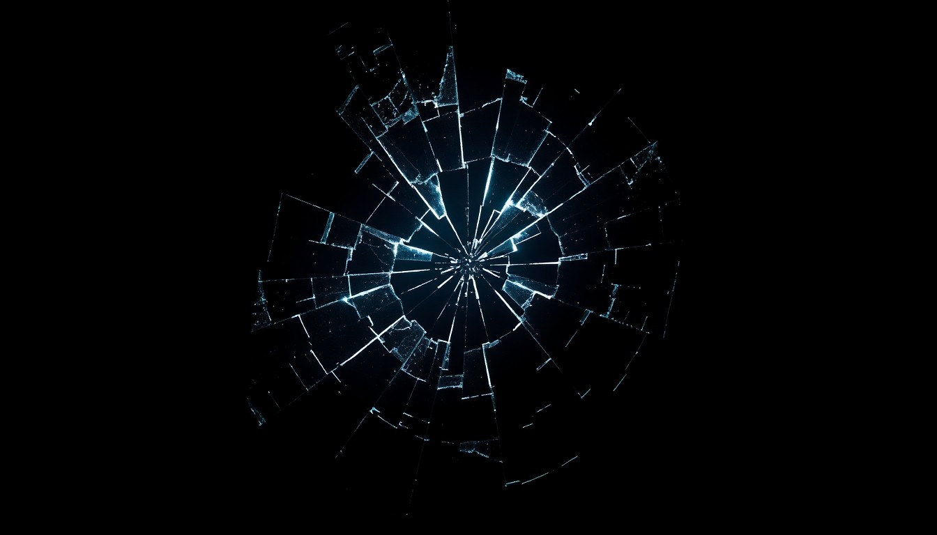 An extreme close-up photograph of a shattered glass door, the jagged edges and cracked surface conveying a sense of sudden violence and disruption.